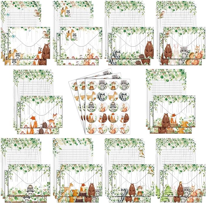 TaoBary 160Pcs Stationery Paper Set 50 Double Sided Stationery Papers with 50 Matching Envelopes and 60 Round Dot Sticker, 10Design (Woodland Animal,5.5 x 8.25 Inch)