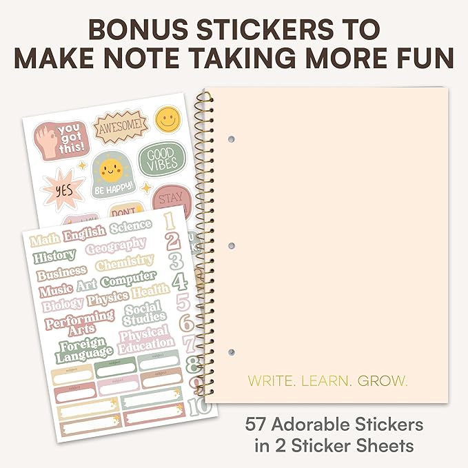 Decorably 5-Pack 140 Pages Gold Foiled Spiral Note Books College Ruled with Stickers, 8x10.5in Spiral Bound Cute College Ruled Notebook, 3-Hole Punched, Easy Tear-Off Perforated Pages - Work, School