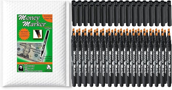HVM Counterfeit Money Detector Pen (50 Counterfeit Pens) - Money Marker Bill Detector Pen with Upgraded Chisel Tip - Detect Fake Bills, Universal False Currency Checker Pack
