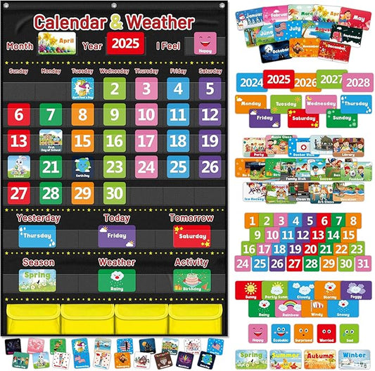 Calendar and Weather Pocket Chart for Kids Learning, Large 44.5”x28” Homeschooling Calendar Pocket Chart with 113 Cards, Teacher and Back to School Supplies