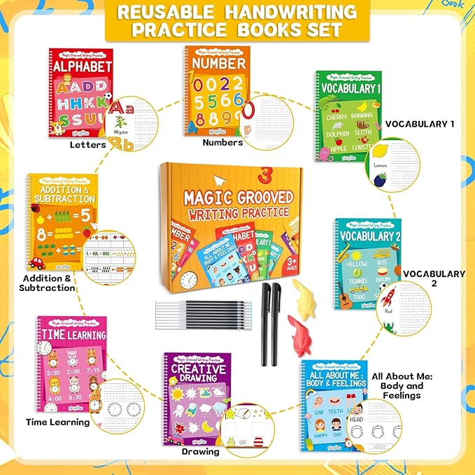 8 Pieces Magic Grooved Writing Practice Books Disappearing Ink Pens Reusable Groove Workbooks Tracing Handwriting Practice Without Tears for Kids Kindergarten Preschool Supplies,10.2 x 7.3inch