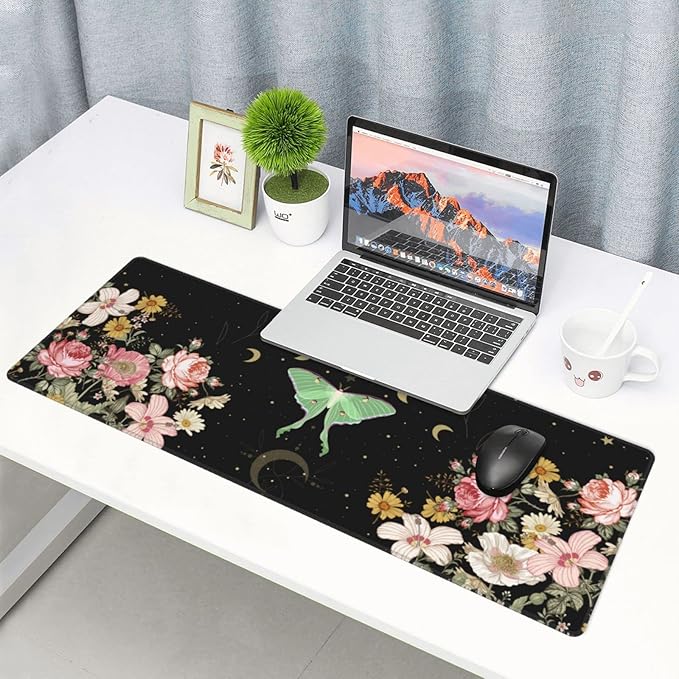 Moon Phase Moth Garden Black XXL XL Large Gaming Mouse Pad for Desk, Non-Slip Long Extended Keyboard Pads Mousepad Rubber Table Mat 31.5 X 11.8 Inch