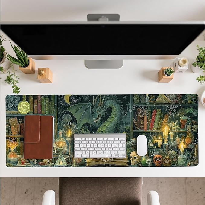 Dark Dragon Mouse Pad Desk Mat XL Extended Large Gaming Desk Pad Mousepad, Mysterious Library Computer Laptop Keyboard and Mouse Mat, Desktop Protector Mat for Office and Home 31.5x11.8 in