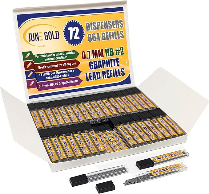 June Gold 864 Pieces, 0.7 mm HB #2 Lead Refills, 72 Dispensers, 12 Pieces Per Dispenser, Medium Thickness, Break Resistant Lead/Graphite