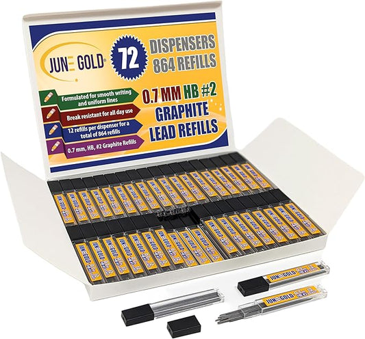 June Gold 864 Pieces, 0.7 mm HB #2 Lead Refills, 72 Dispensers, 12 Pieces Per Dispenser, Medium Thickness, Break Resistant Lead/Graphite