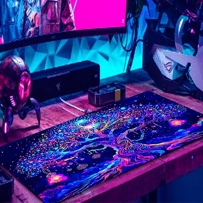 Manicer Colorful Tree of Life Mouse Pad, Blacklight Gaming Extended Large Desk Pad, UV Reactive Waterproof Long Keyboard Big Mouse Mat with 3mm Non-Slip Rubber Base for Office Home - 31.5" x 11.8"