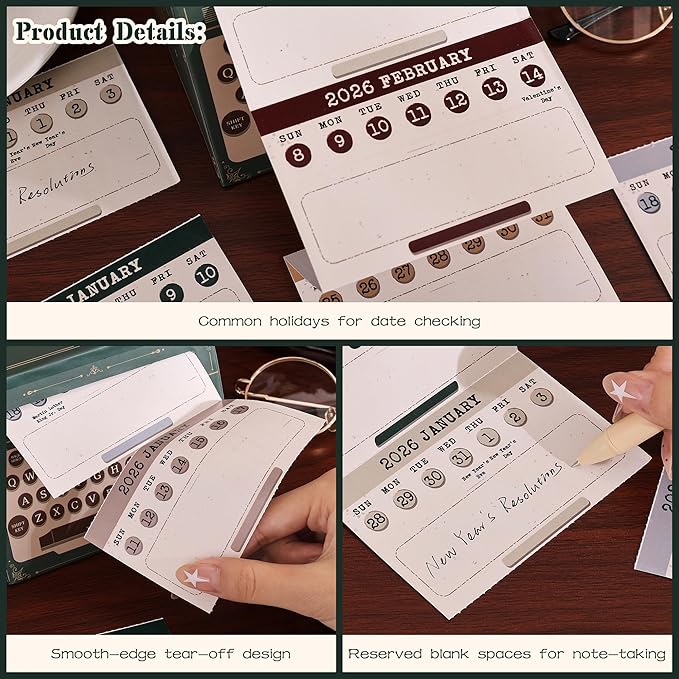 2026 Calendar with Pull-Out Box, Desktop Decoration Weekly Calendar Vintage Typewriter Themed with Tear-off Sheet, Holiday Marking, Ideal New year Gift for Teenage Women Desk accessory Lover