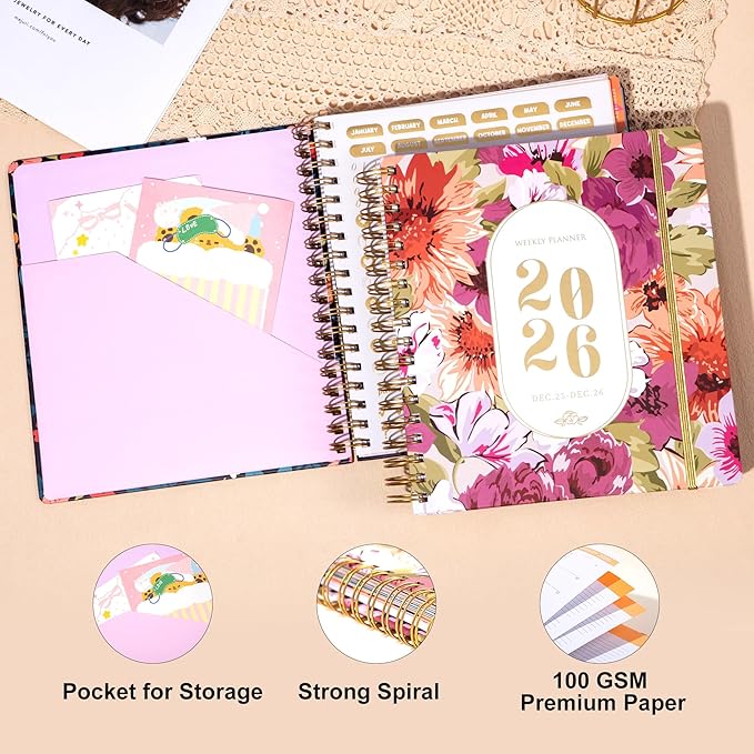 CAGIE 2026 Planner Weekly and Monthly Dec 2025-Dec 2026 Hardcover Calendar Planners with Stickers& Month Tabs for Women Spiral Bound 26 Yearly Agenda, 8.3"x9.1", Pink Floral
