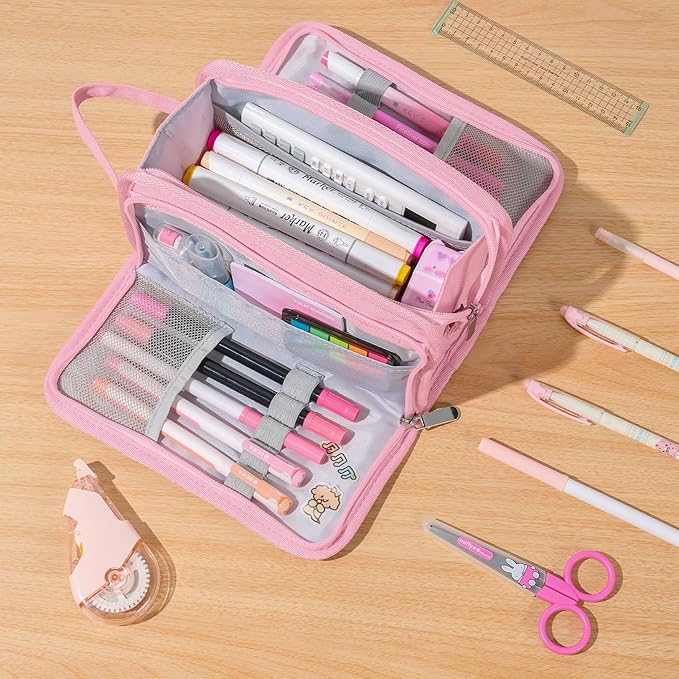 Sooez Large Pencil Case, Big Capacity Pencil Pouch Pen Bag with 3 Compartment, Portable Canvas Stationery Organizer with Zipper, Cute Aesthetic School Supplies for Teen Girls, Purple with Plaid