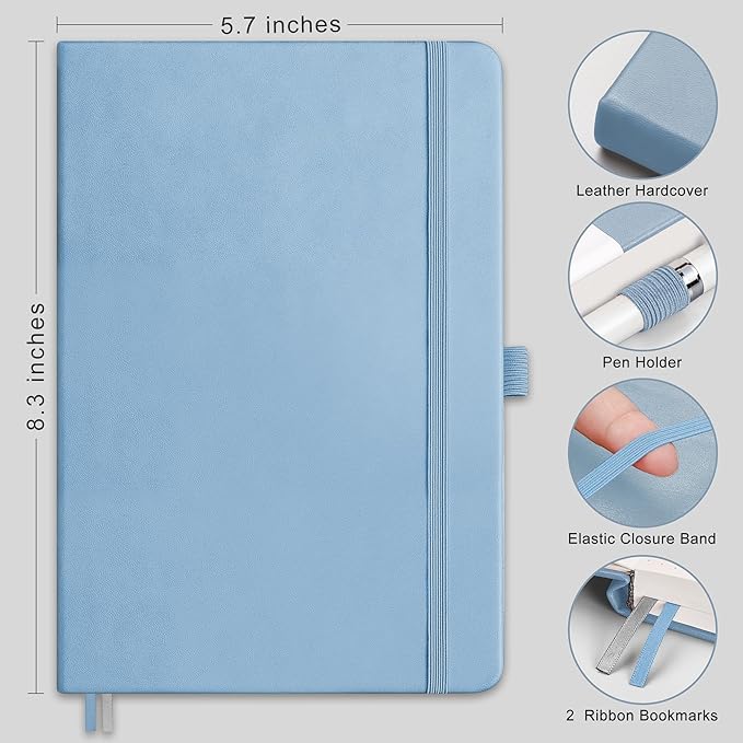 RETTACY Dotted Journal Notebook, 192 Pages, A5 Medium Size (5.7'' x 8.3''), Leather Hardcover, 100 GSM Thick Paper, for Bullet Journaling, Planning, Tracking (Light Blue)