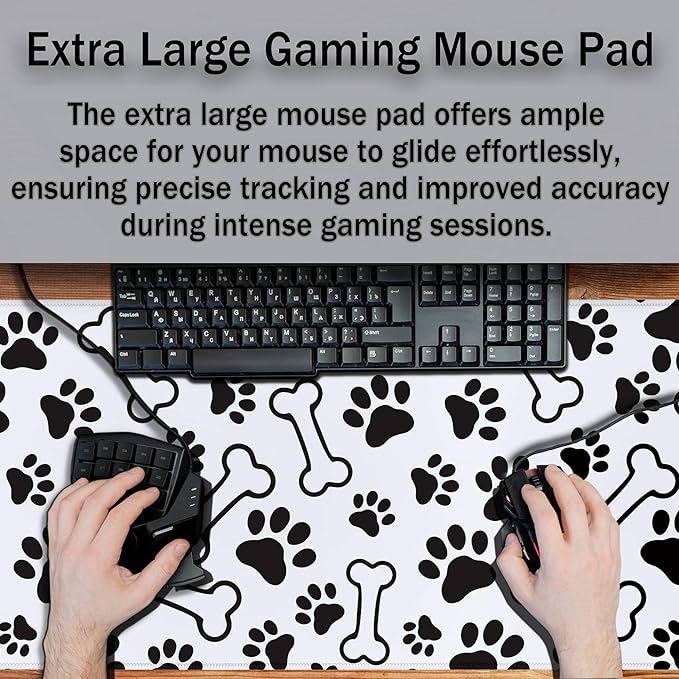 Desktop Mats Laptop Desk Mat Gaming Mouse Pad Extra Large Mouse Pads Computer Mats Office Pad Waterproof Non-Slip Rubber Base 35.4 X 15.7 for Game Office, Dogs Paws and Bones