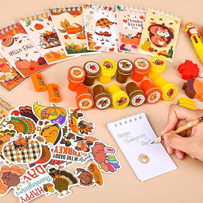 LiYiQ 247 Pcs Thanksgiving Party Favors Return Gifts for Party, Student Stationery Gifts from Teacher, Pencil Erasers Notebooks Stickers for Classroom Birthday Goodie Bags Rewards Prizes