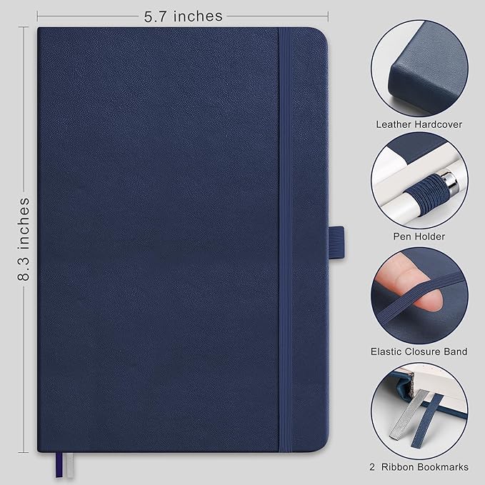 RETTACY Dotted Journal Notebook, 192 Pages, A5 Medium Size (5.7'' x 8.3''), Leather Hardcover, 100 GSM Thick Paper, for Bullet Journaling, Planning, Tracking (Navy Blue)