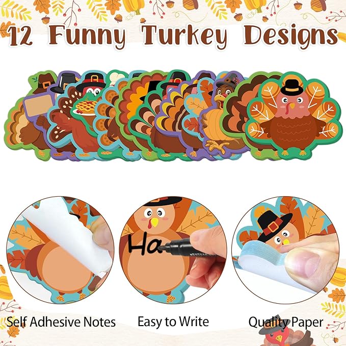 600 Sheets Thanksgiving Turkey Sticky Notes, Self-Adhesive Thanksgiving Notepads Turkey Self Sticky Memo Pads for School Office Fall Harvest Party Favors Supplies