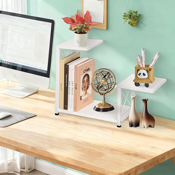 Desk Shelf Organizer, 3 Tier Storage Shelf Riser Display Stand, Wood Desktop Organizer Small Bookshelf, Desktop Shelf for Office Decor and Desk Accessories, White