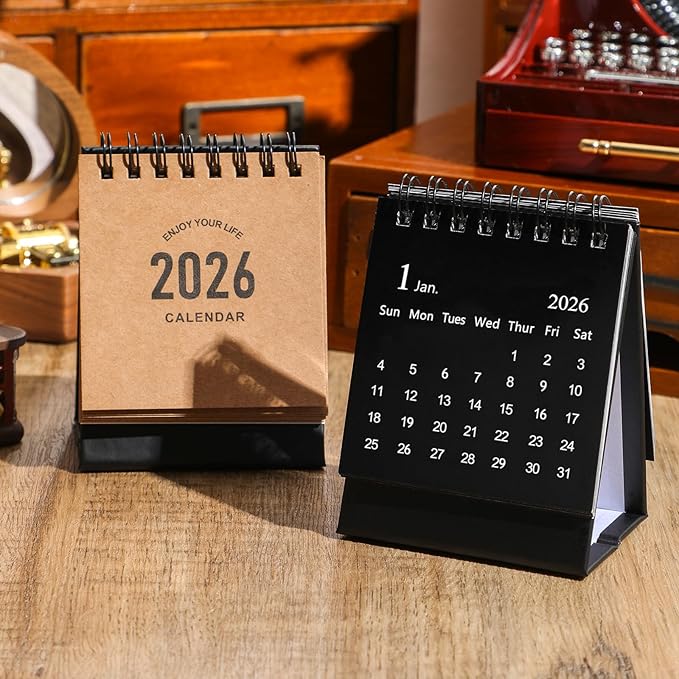 Mini Desk Calendar 2026-2027- Small Desktop Calendar January 2026 to June 2027, Mini Daily Schedule Thick Paper Twin-Wire Binding with Stickers for Home Office School (Kraft paper color)