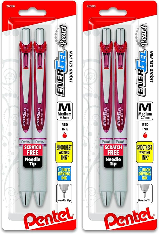 Pentel EnerGel Pearl Gel Pen, Needle Tip, 0.7mm, Red Ink | Retractable | Medium Line | 2-Pack