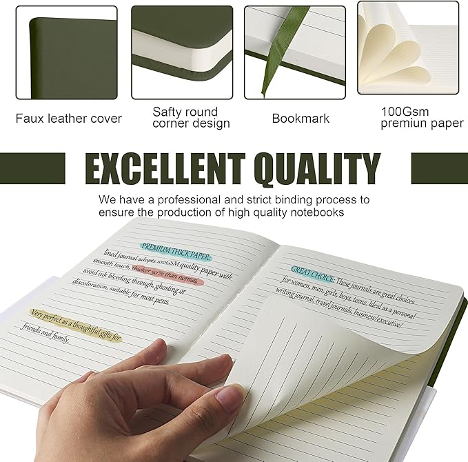 Lined Journal Notebook – Hardcover Notebook for Men & Women – Journals for Writing, Work, School, Home & Daily Notes, 160 Pages – Medium A5, 5.7"x8", 100 gsm Thick Paper (Olive Green)