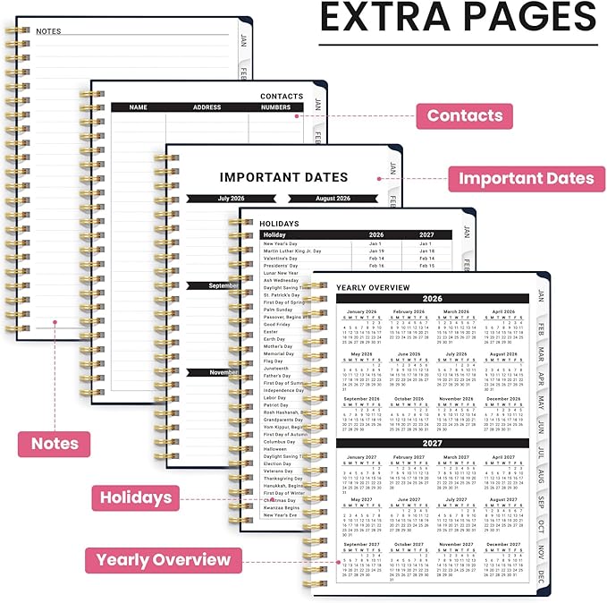 2026 Planner, Weekly and Monthly Planner for Women, January 2026 to December 2026, Pretty Hardcover 2026 Calendar Planner Book with Tabs, Inner Pocket, Spiral Bound, Perfect Office Home School Supplies - 6.3" x 8.5", Jellyfish