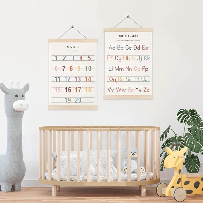 Koesus Numbers and Alphabet Wall Art Poster Hanger Frame 12x16 Inch Set of 2, Educational Learning Canvas Pictures Prints Framed Wall Decor for Classroom Toddler Kids Nursery Bedroom Playroom