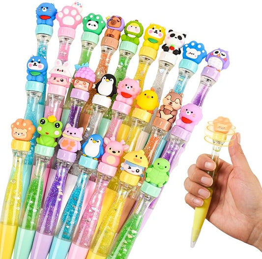 LiYiQ 24 PCS Fidget Spinner Pens Cute Fun Pens Kawaii Panda, Capybara, Penguin, Frog and Puppy Shape Cool Ballpoint Pens for Office Home Present