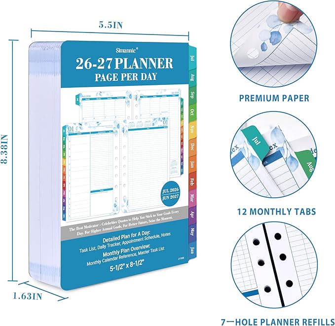 2026-2027 Planner Refills – July 2026 - June 2027, Daily Planner Refills 2026-2027, Two Pages Per Day Daily & Monthly Planner Inserts, 8.38" x 5.51", Ring-Bound with Tabs