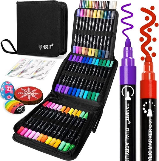 TANMIT Acrylic Paint Pens Markers, 48 Colors Dual Tip Acrylic Paint Pens for Rock Painting, Wood, Canvas, Stone, Glass, Ceramic Surfaces, DIY Crafts Making Art Supplies (Round Tip and Fine Tip)