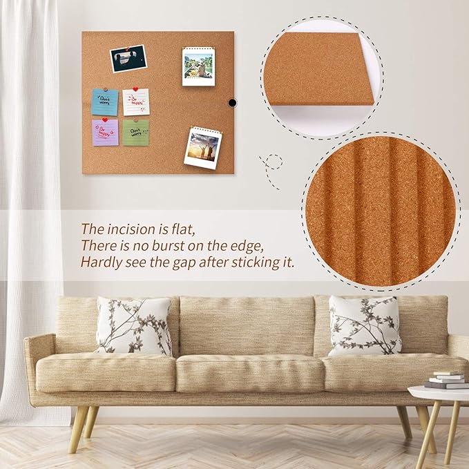 Cork Bulletin Board 17"x8" - 1/2" Thick Cork Board Tiles Frameless Cork Tiles, Self-Adhesive Corkboards Wall Decor with a Box Bonus Pushpins (6pack) for Office, School and Home