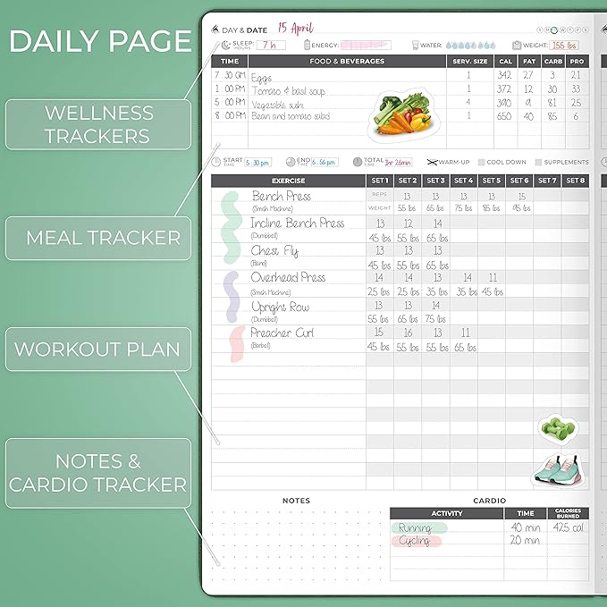 Clever Fox Fitness Journal PRO – Daily Workout Planner with Meal Planner & Habit Tracker – Gym Exercise Log Book for Women & Men – Fitness Planner Notebook – Lasts 6 Months, 7x10” - Forest Green
