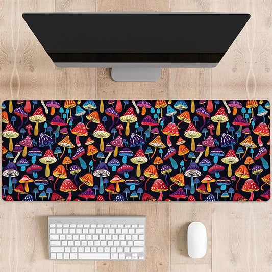 Colorful Mushroom Gaming Mouse Pad, Whimsical Fungi Pattern Large Desk Mat for Computer, Extended Keyboard Laptop Mouse Pads 31.5×11.8in, Non Slip Rubber Mousepad for Office Decor Gifts