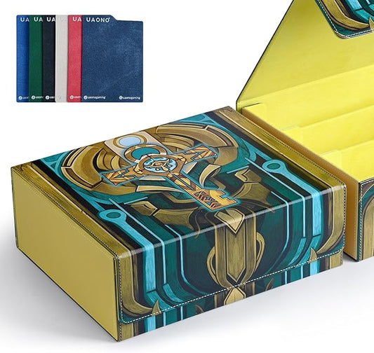Card Storage Box for MTG, Trading Card Storage Box Holds 1800+ Sleeved Cards with 6 Dividers, Printing Magnetic Closure PU Leather Card Case for TCG CCG Sports (Light yellow, Key)