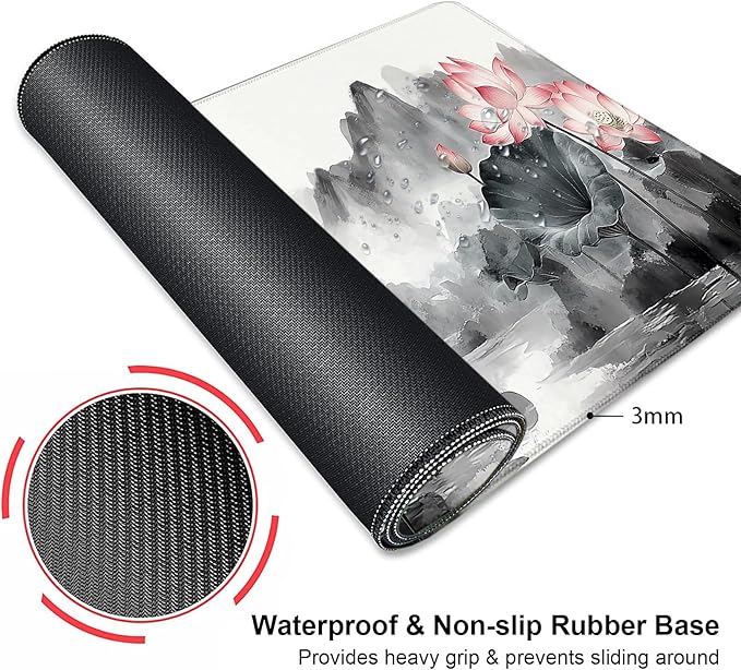 Vintage Lotus Mountain Japanese Large Mouse Pad, Desk Mat Computer Keyboard Pad Non-Slip Rubber Base Waterproof with Stitched Edges for Laptop Gaming, Office & Home 31.5 x 11.8 Inch