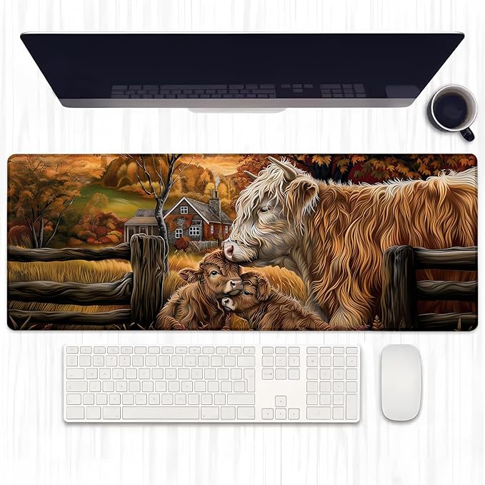 Highland Cow Family Gaming Mouse Pad, Extended Farmhouse Design Desk Mat Computer Laptop Mousepad, Robust Stitched Edges, 31.5"×11.8" Large Office Keyboard Mouse Pads for Home Desktop Decor