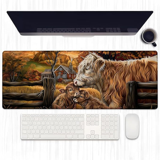 Highland Cow Family Gaming Mouse Pad, Extended Farmhouse Design Desk Mat Computer Laptop Mousepad, Robust Stitched Edges, 31.5"×11.8" Large Office Keyboard Mouse Pads for Home Desktop Decor