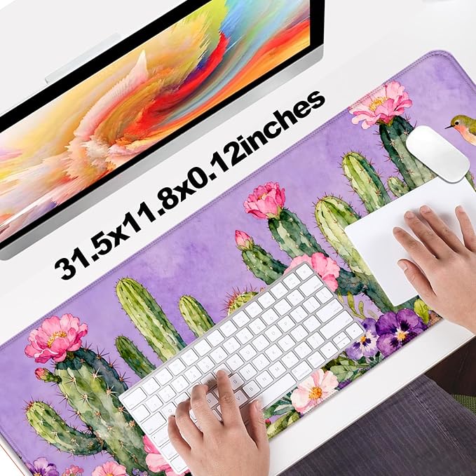 Beautiful Purple Watercolor Cactus XL Large Desk Mat, Extended Long Floral Aesthetics Desk Pad for Gaming and Office, Non-Slip Rubber Base, Comfortable Surface Mouse Pad, 31.5x11.8 in (H08)
