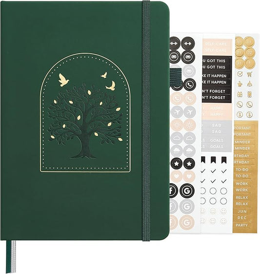 &And Per Se Bullet Dotted Journal, A5 Hardcover Aesthetic Notebook – 160 Pages 100gsm Thick Dot Grid Paper, 3 Sticker Sheets – Gift-Ready Journaling Kit for Women (Dark Green)