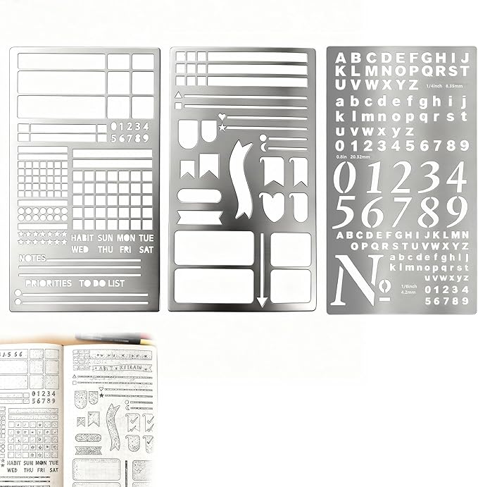 3 Pack Metal Planner Stencils Set, Reusable Stainless Steel Journal Templates Rulers for Bullet Journaling, Habit Tracker, Scrapbooking, DIY Drawing & A5 Notebook Planning
