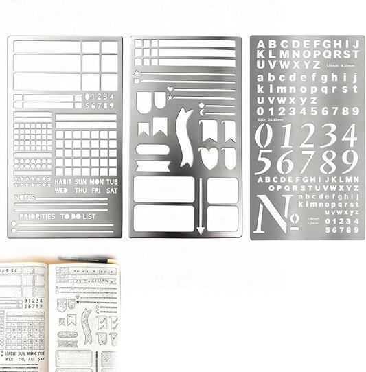 3 Pack Metal Planner Stencils Set, Reusable Stainless Steel Journal Templates Rulers for Bullet Journaling, Habit Tracker, Scrapbooking, DIY Drawing & A5 Notebook Planning