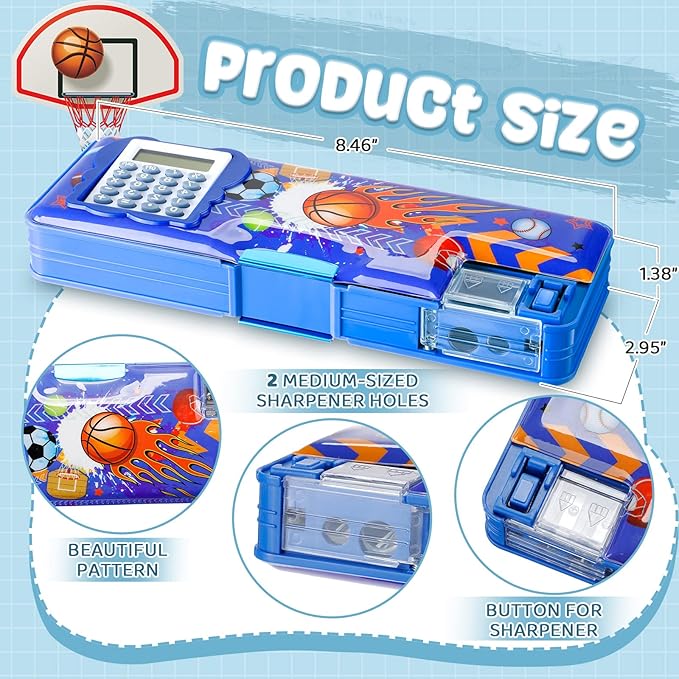 Henoyso Multifunctional Pencil Box for Boys Basketball Pencil Case with Calculator and Sharpener Cool Cute Pencilcase School Supplies Essentials Christmas Birthday Gift Present for Kids Teen