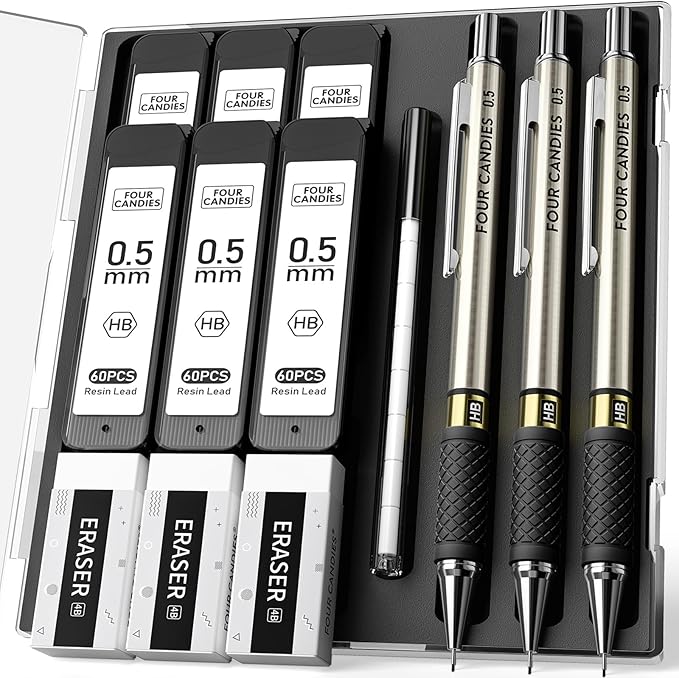 Metal Mechanical Pencil Set - 3PCS 0.5mm Art Mechanical Pencils & 360PCS HB Lead Refills & 3PCS Erasers & 9PCS Eraser Refills, Drawing Mechanical Pencils for Writing, Sketching -With Case