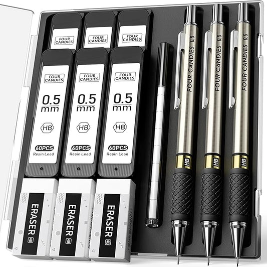 Metal Mechanical Pencil Set - 3PCS 0.5mm Art Mechanical Pencils & 360PCS HB Lead Refills & 3PCS Erasers & 9PCS Eraser Refills, Drawing Mechanical Pencils for Writing, Sketching -With Case