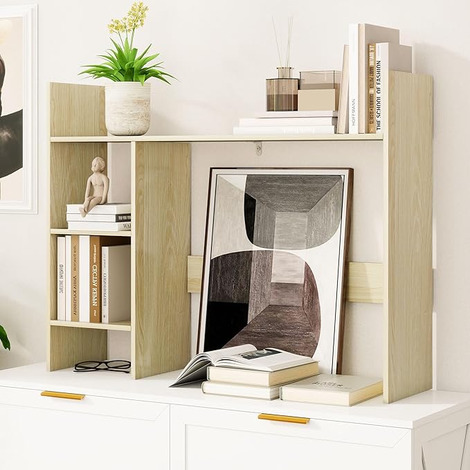 Desktop Bookshelf, 37.4’’ Wooden Desk Storage Hutch with 3 Shelves,4 Tier Multipurpose Display Shelf with Storage, Wooden Desk Shelf Organizer for Computer Desk, College Dorm, Office, Home