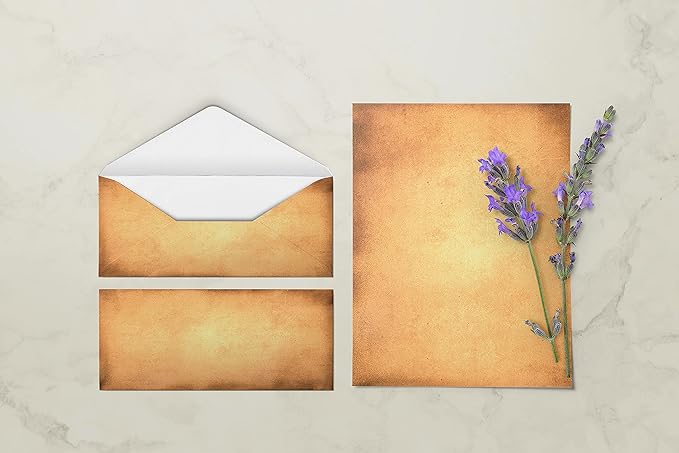 Better Office Products Aged Paper Stationery, 100 Piece Set (50 Sheets + 50 Matching Envelopes), Vintage Antique Old Fashion Parchment Paper, Letter Size 8.5 x 11", 6 Designs, Double Sided Paper,