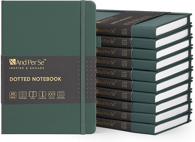 &And Per Se 10-Pack Dotted Notebooks, A5 Hardcover Journal Set, 160 Pages, 100gsm Paper, Office Supply Bulk Order, Corporate Workshop Materials – 3 Sticker Sheets Each (Green)