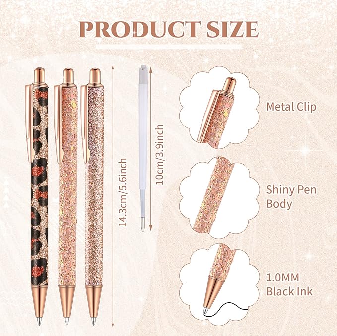 Sherr 7 Pcs Fancy Pens for Women Cute Sparkly Glitter Pens with 10 Pcs Black Ink Refills Pretty Gifts for Girls Office School Christmas Graduation(Elegant)