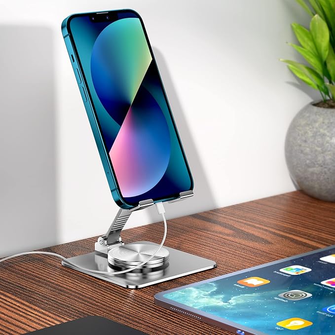 Rotatable Foldable Phone Stand for Desk, Fully Adjustable Desktop Holder Cradle Dock Compatible with iPhone 14 13 12 11 Pro Max Xr, Nintendo Switch, Tablets, All Phones(Grey)