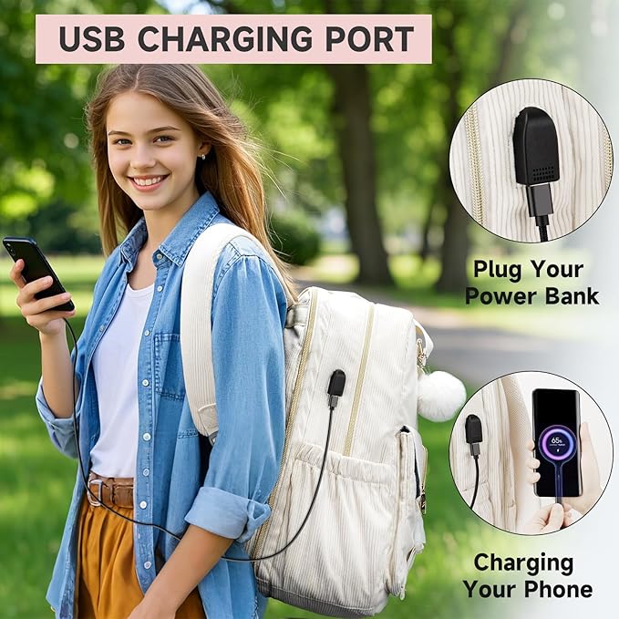 MATEIN Backpack for Teen Girls, 15.6 Inch Cute Corduroy Laptop Backpack Aesthetic College School Bookbag with USB Charging Port, TSA Lightweight Soft Kawaii Travel Backpacks for Women Nurse, Beige