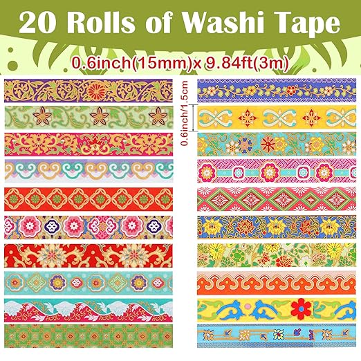 20 Rolls Gold Foil Floral Washi Tape Set Vintage Chinoiserie Decorative Tape Exotic Arts Masking Tapes for DIY Crafts Scrapbooking Bullet Journaling Planner Gift Wrapping