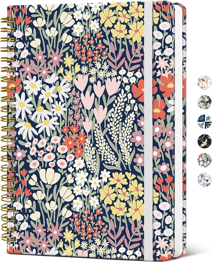 Taja Spiral Journal Notebook for Women, Pretty Hardcover Lined Notebook for Work & Note Taking, Aesthetic Cute Journal for Writing, 140 Pages, 5.8"x8.3", Petite Blooms