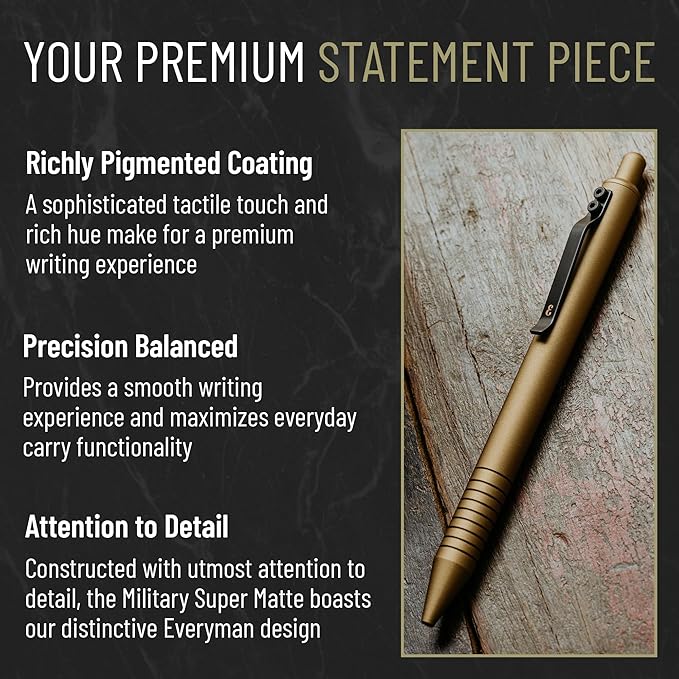 Everyman Military Super Matte Grafton Pen & Refill Set | Refillable Metal 0.7mm Gel Pen with 3 Smooth Black Ink Refills | Premium EDC Writing Tool for Office, Work, Travel & Gifting